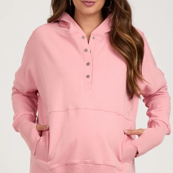 Pinkblush Sweaters - Pink Button Front Ribbed Trim Maternity Hooded Sweatshirt